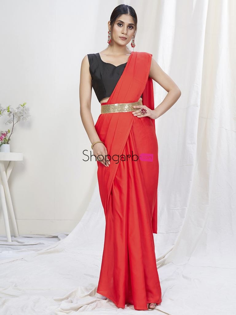 Scarlet Red Ready To Wear One Minute Lycra Saree