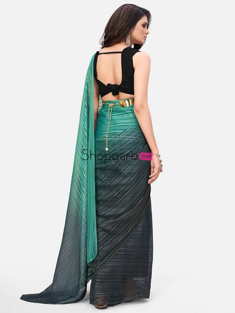 Sensantional Teal Striped Ready To Wear Saree