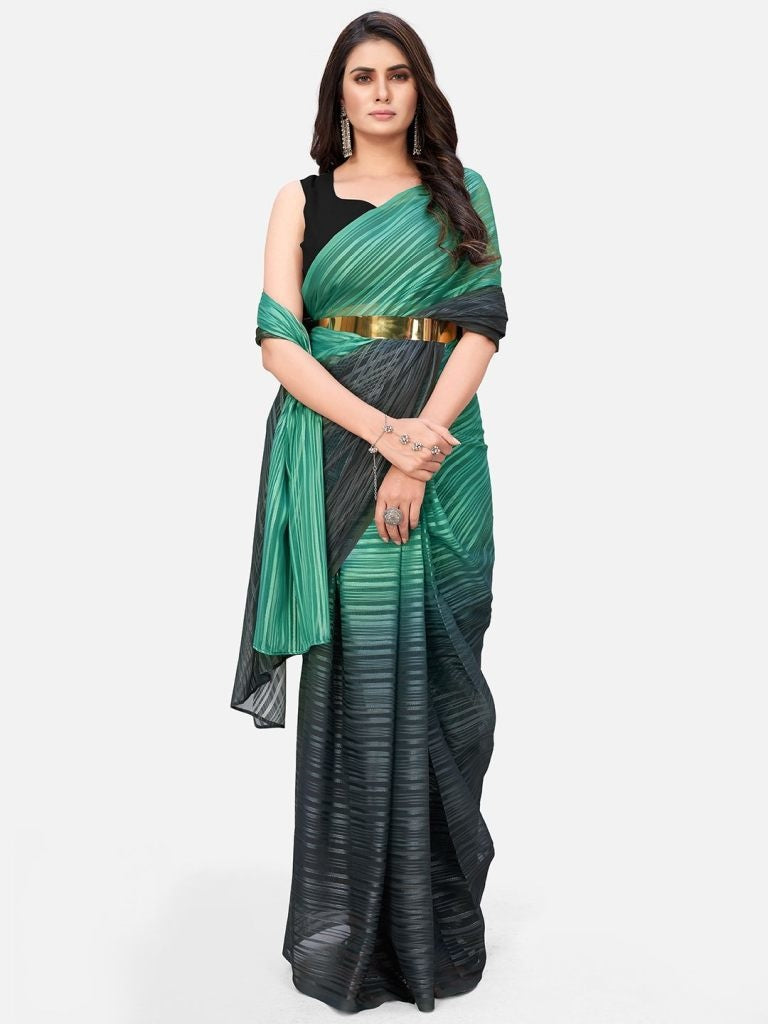 Sensantional Teal Striped Ready To Wear Saree