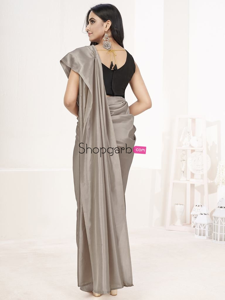 Silver Grey Ready To Wear One Minute Lycra Saree