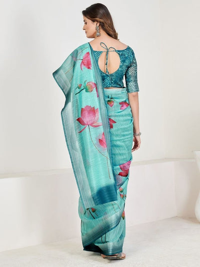 Splendid Turquoise Blue Lined Blend Floral Casual Wear Saree With Blouse