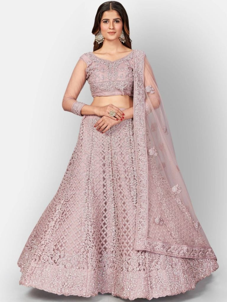 Stunning Mauve Net Embroidered Lehenga With Dupatta