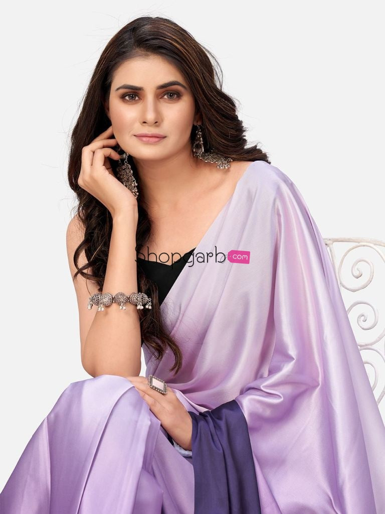 Stunning Purple And White Satin Ready To Wear Saree