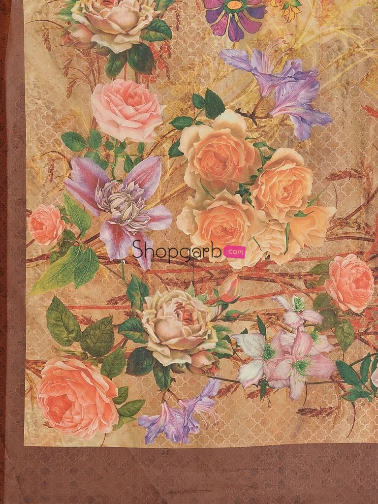 Stylish Beige And Brown Georgette Floral Printed Casual Wear Saree With Blouse