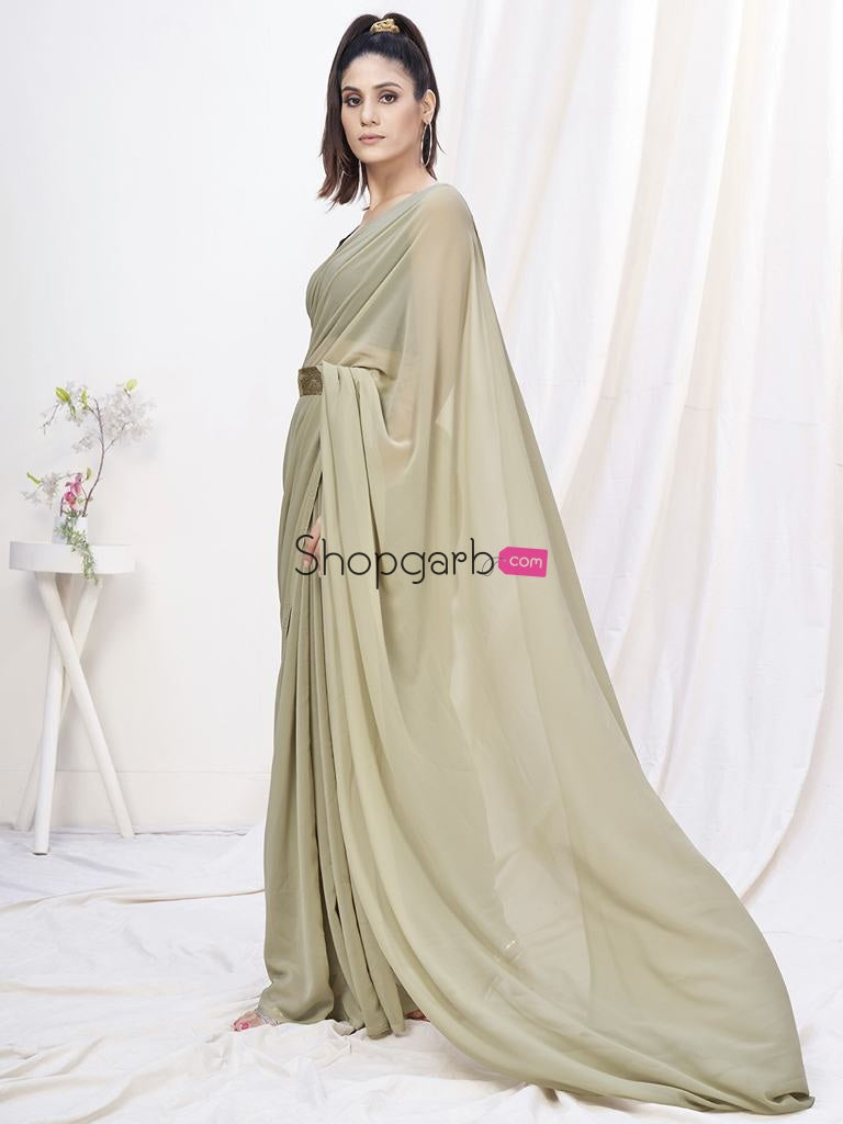 Stylish Beige Pre-Stitched Blended Silk Saree