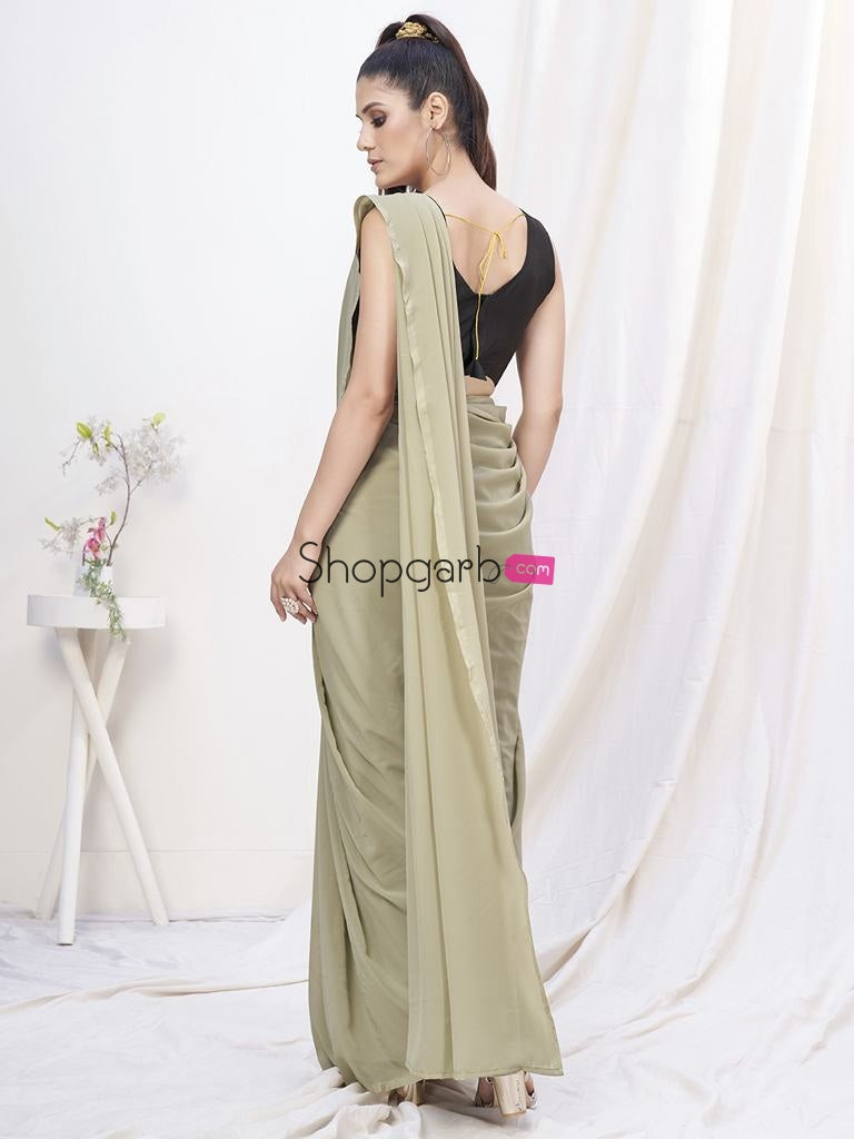 Stylish Beige Pre-Stitched Blended Silk Saree