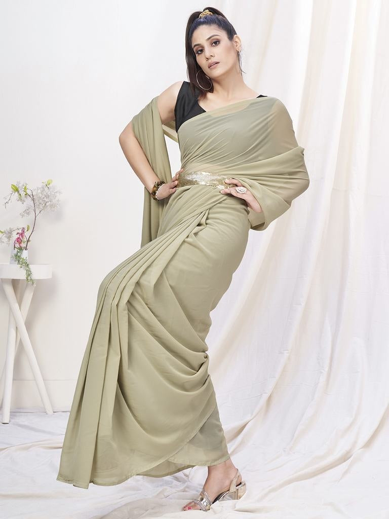 Stylish Beige Pre-Stitched Blended Silk Saree