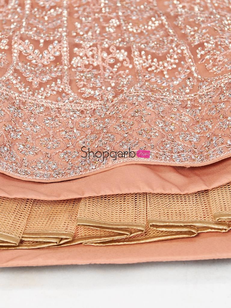 Stylish Rose Gold Soft Net Embroidered Wedding Wear Lehenga Choli With Dupatta