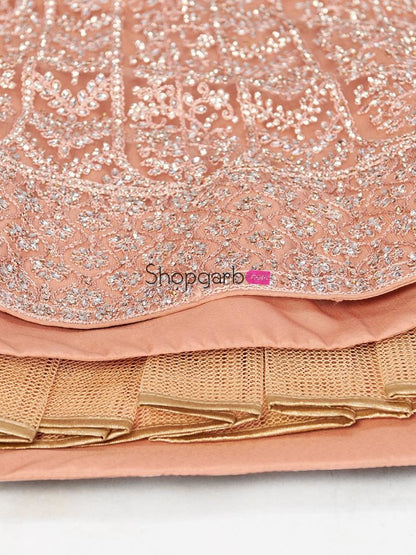 Stylish Rose Gold Soft Net Embroidered Wedding Wear Lehenga Choli With Dupatta