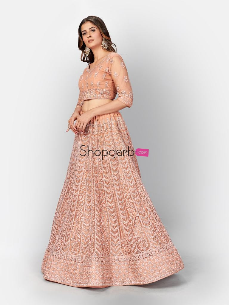 Stylish Rose Gold Soft Net Embroidered Wedding Wear Lehenga Choli With Dupatta