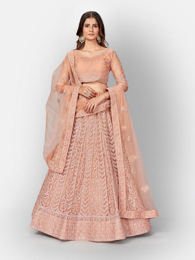 Stylish Rose Gold Soft Net Embroidered Wedding Wear Lehenga Choli With Dupatta