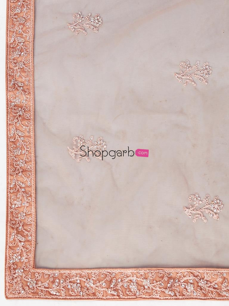 Stylish Rose Gold Soft Net Embroidered Wedding Wear Lehenga Choli With Dupatta