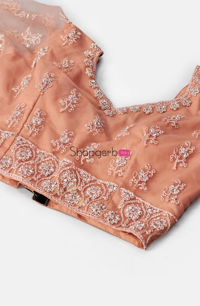Stylish Rose Gold Soft Net Embroidered Wedding Wear Lehenga Choli With Dupatta