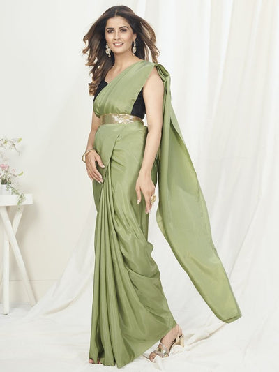 Tea Green Ready To Wear One Minute Saree In Satin Silk