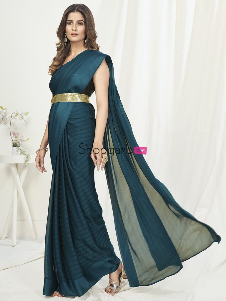 Teal Green Ready To Wear One Minute Saree In Satin Silk