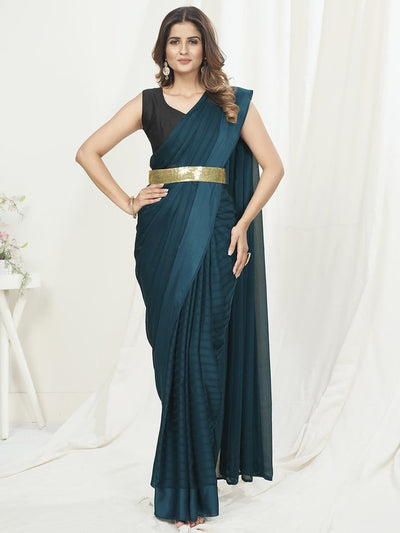 Teal Green Ready To Wear One Minute Saree In Satin Silk