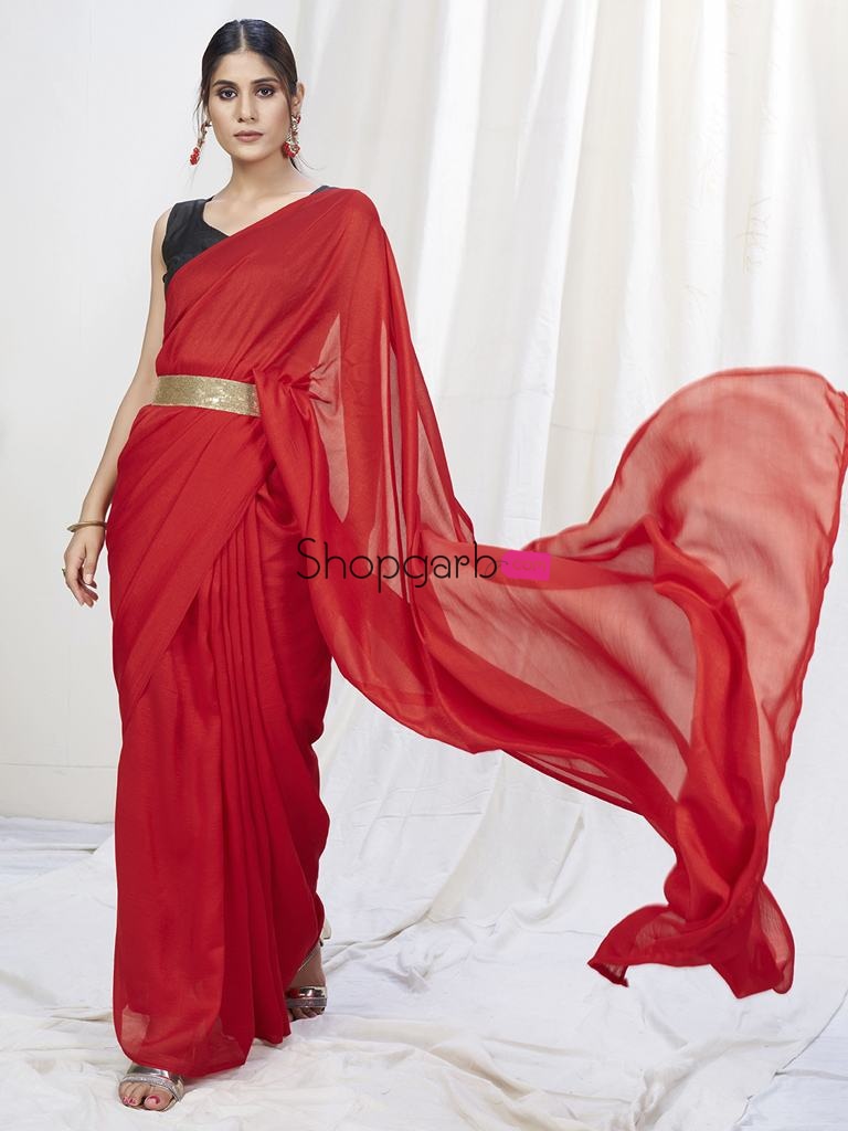 True Red Ready To Wear One Minute Lycra Saree