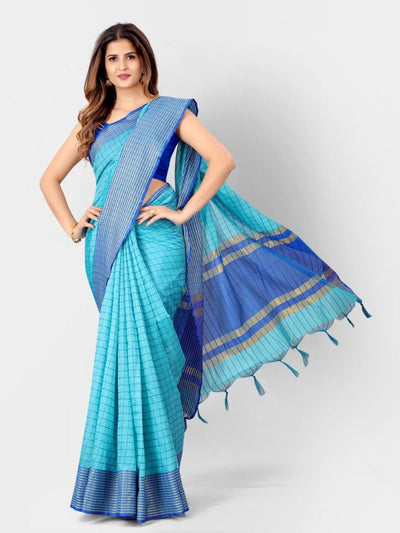 Turquoise Blue And Gold Woven Design Silk Cotton Latest Amazing Saree