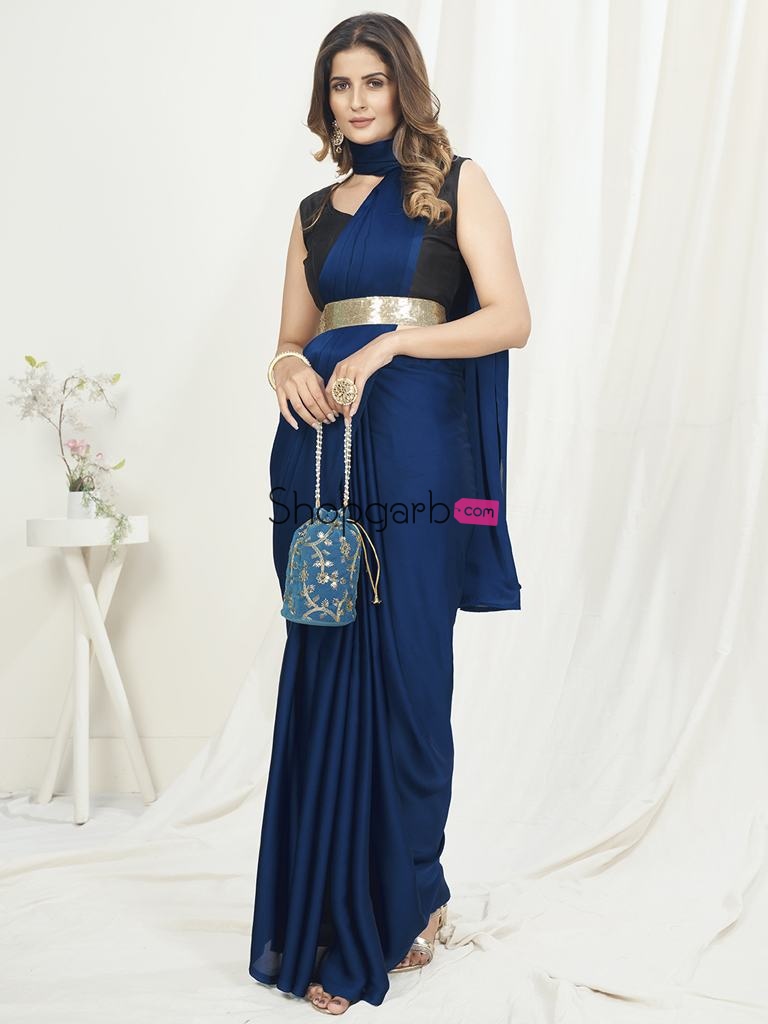 Unique Blue Ready To Wear One Minute Saree In Satin Silk