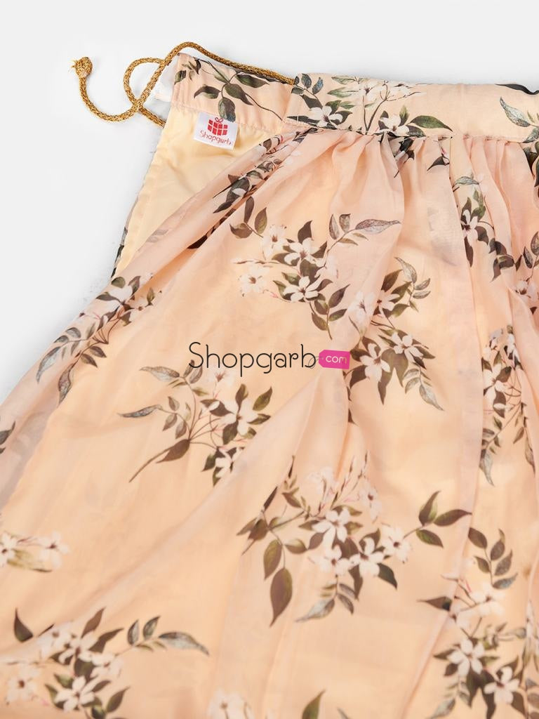 Victory India Girls Cream Digital Printed Semi-Stitched Lehenga And Unstitched Blouse With Dupatta