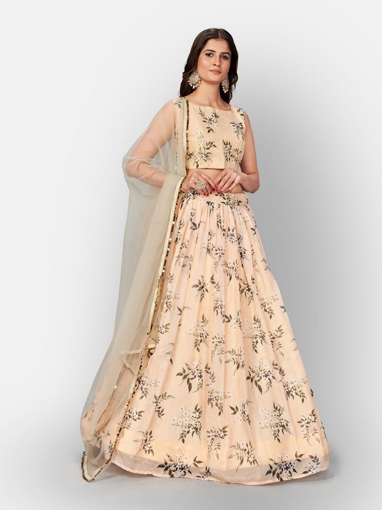 Victory India Girls Cream Digital Printed Semi-Stitched Lehenga And Unstitched Blouse With Dupatta