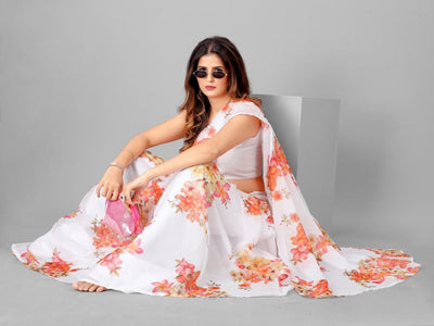 White And Peach Organza Floral Printed Captivation Saree