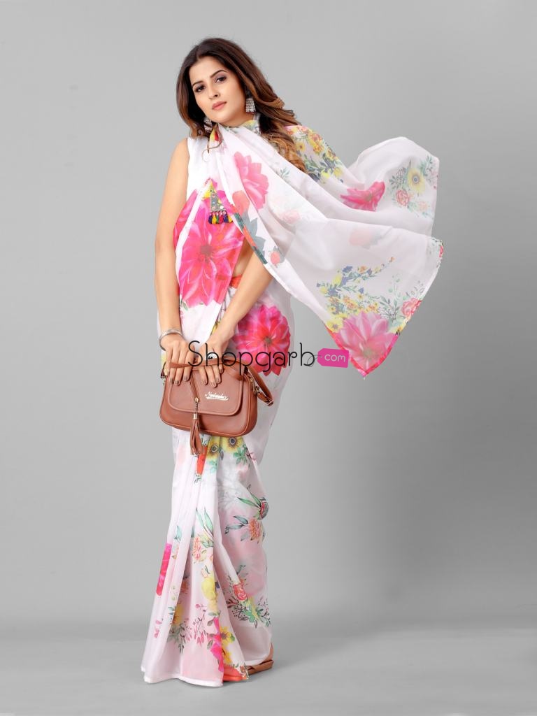 White And Pink Organza Floral Printed Marvellous Saree