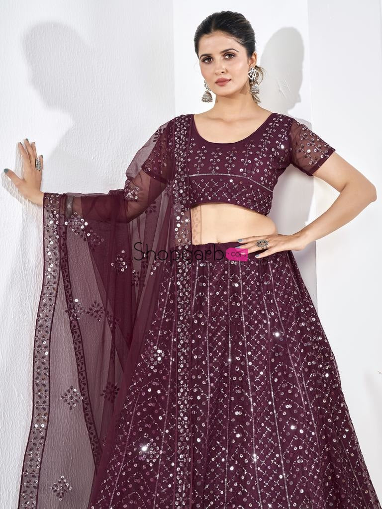 Wine Sequins Embroidered Soft Net Festival Special Lehenga Choli