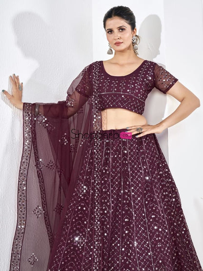 Wine Sequins Embroidered Soft Net Festival Special Lehenga Choli