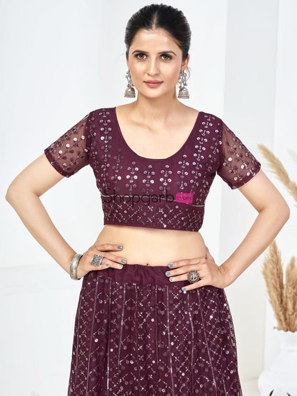 Wine Sequins Embroidered Soft Net Festival Special Lehenga Choli