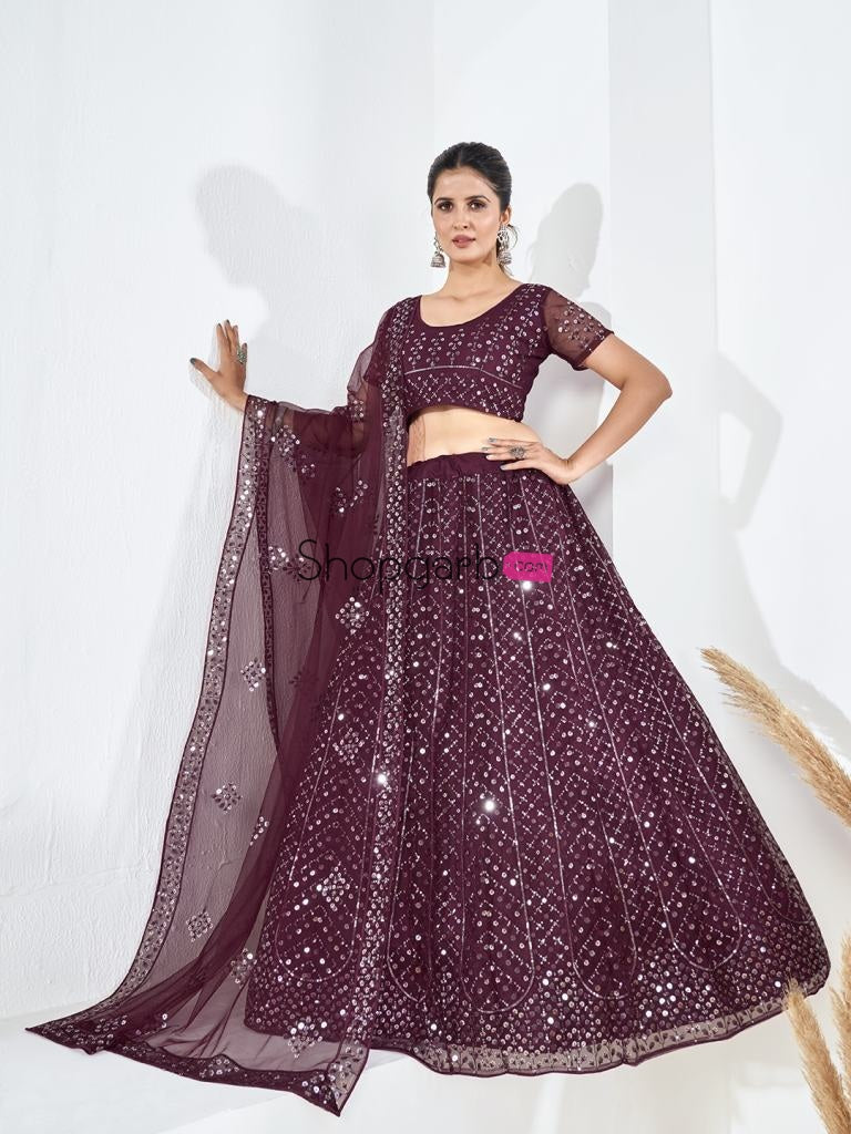 Wine Sequins Embroidered Soft Net Festival Special Lehenga Choli