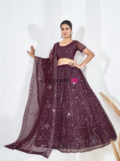 Wine Sequins Embroidered Soft Net Festival Special Lehenga Choli