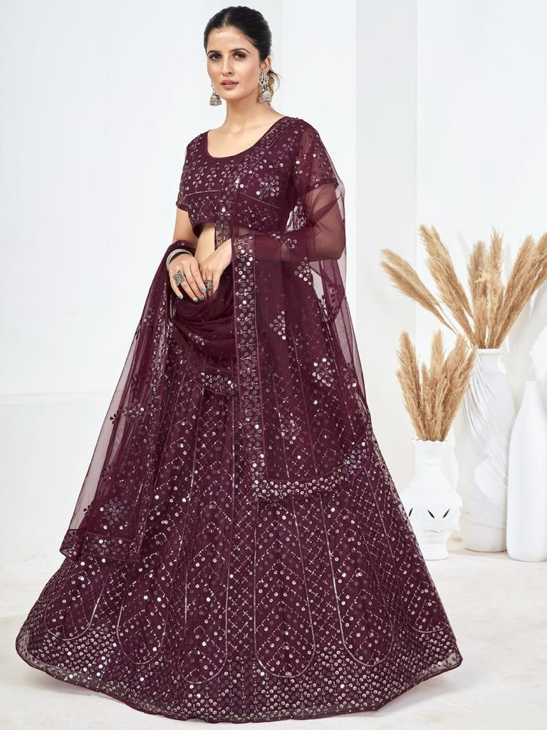 Wine Sequins Embroidered Soft Net Festival Special Lehenga Choli