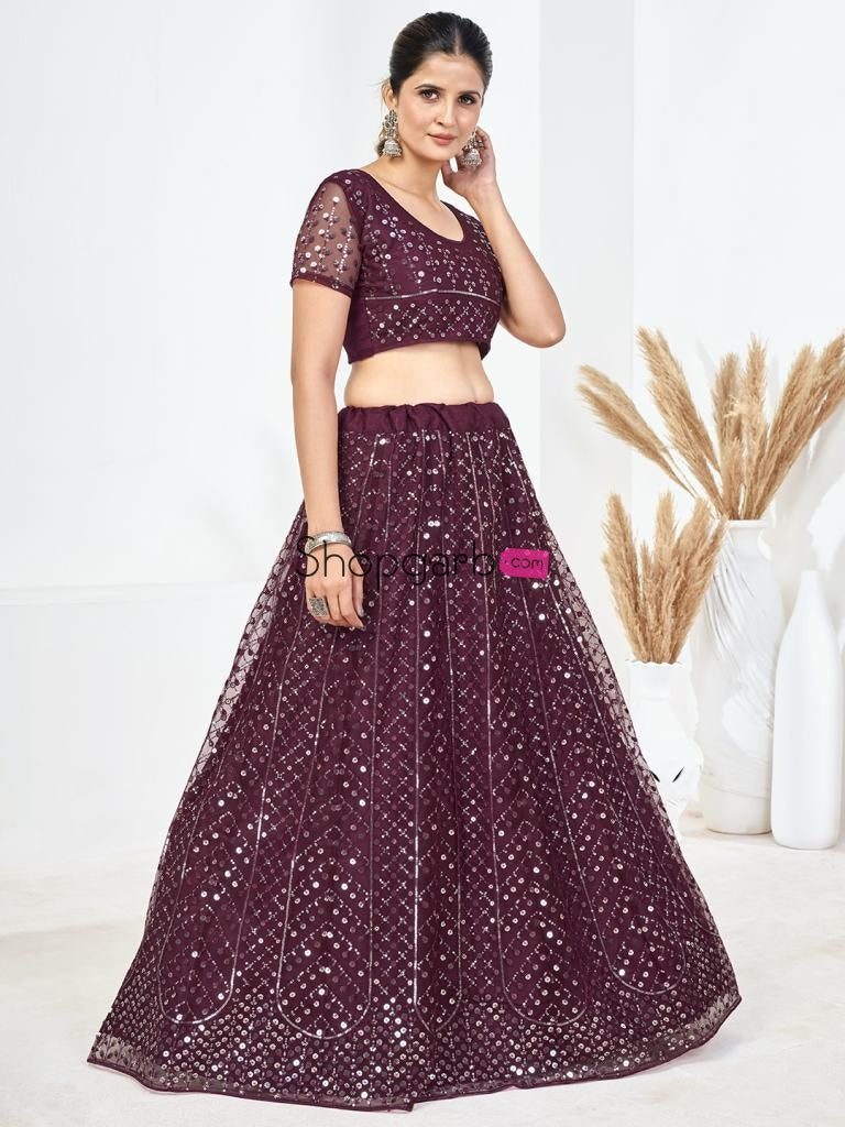 Wine Sequins Embroidered Soft Net Festival Special Lehenga Choli