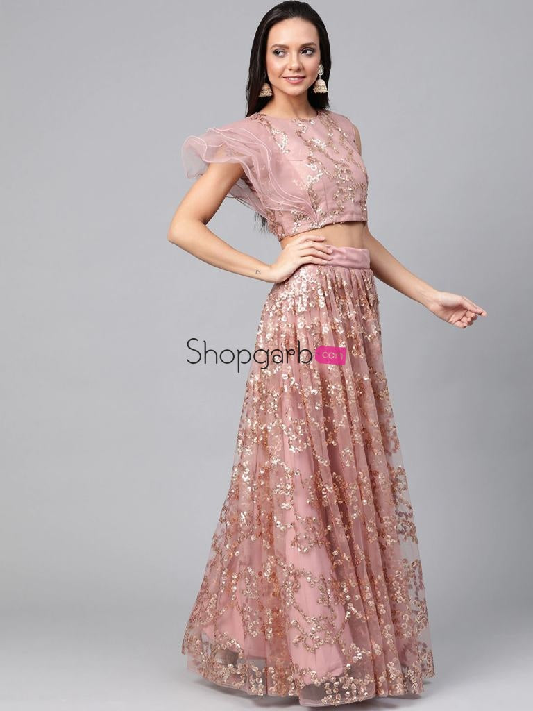Woman Pink & Golden Color Solid Semi-Stitched Lehenga Unstitched Blouse With Dupatta