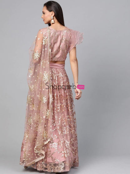 Woman Pink & Golden Color Solid Semi-Stitched Lehenga Unstitched Blouse With Dupatta