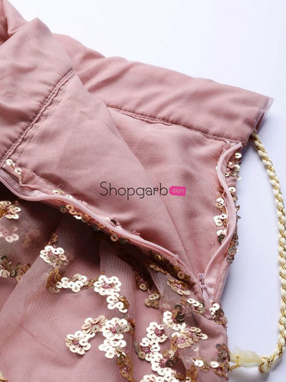 Woman Pink & Golden Color Solid Semi-Stitched Lehenga Unstitched Blouse With Dupatta