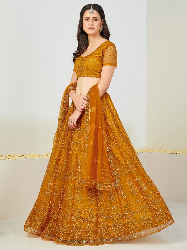 Wonderful Orange Embroidered Sequinned Lehenga And Blouse With Dupatta