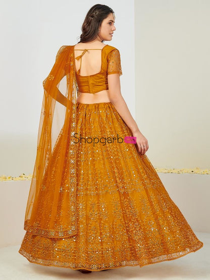 Wonderful Orange Embroidered Sequinned Lehenga And Blouse With Dupatta