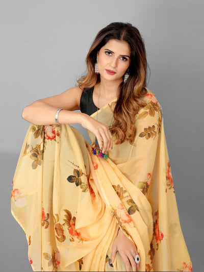 Yellow And Brown Organza Floral Printed Party Wear Saree