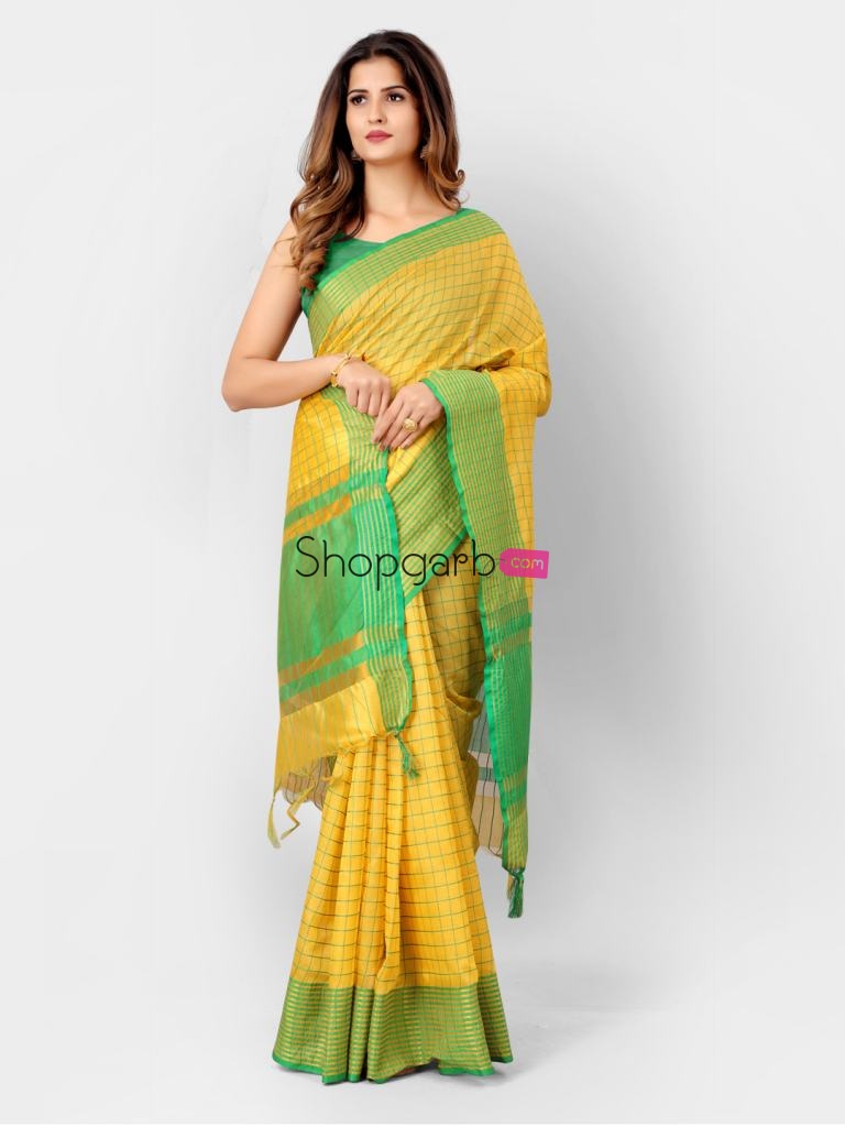 Yellow And Green Linen Woven Design Silk Cotton Trendy Saree