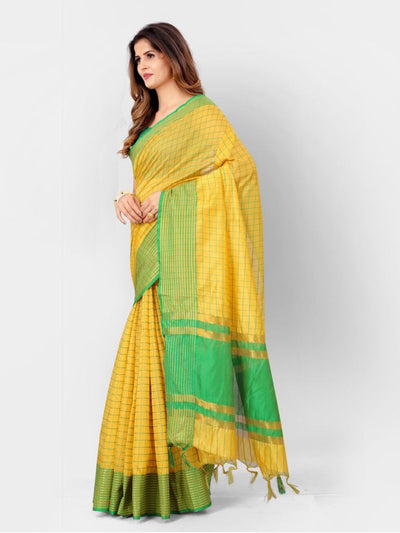 Yellow And Green Linen Woven Design Silk Cotton Trendy Saree
