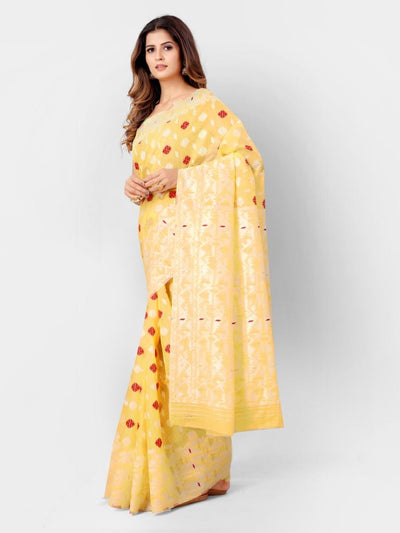Yellow And Silver Ethnic Motifs Woven Design Jamdani Saree With Beautiful Blouse