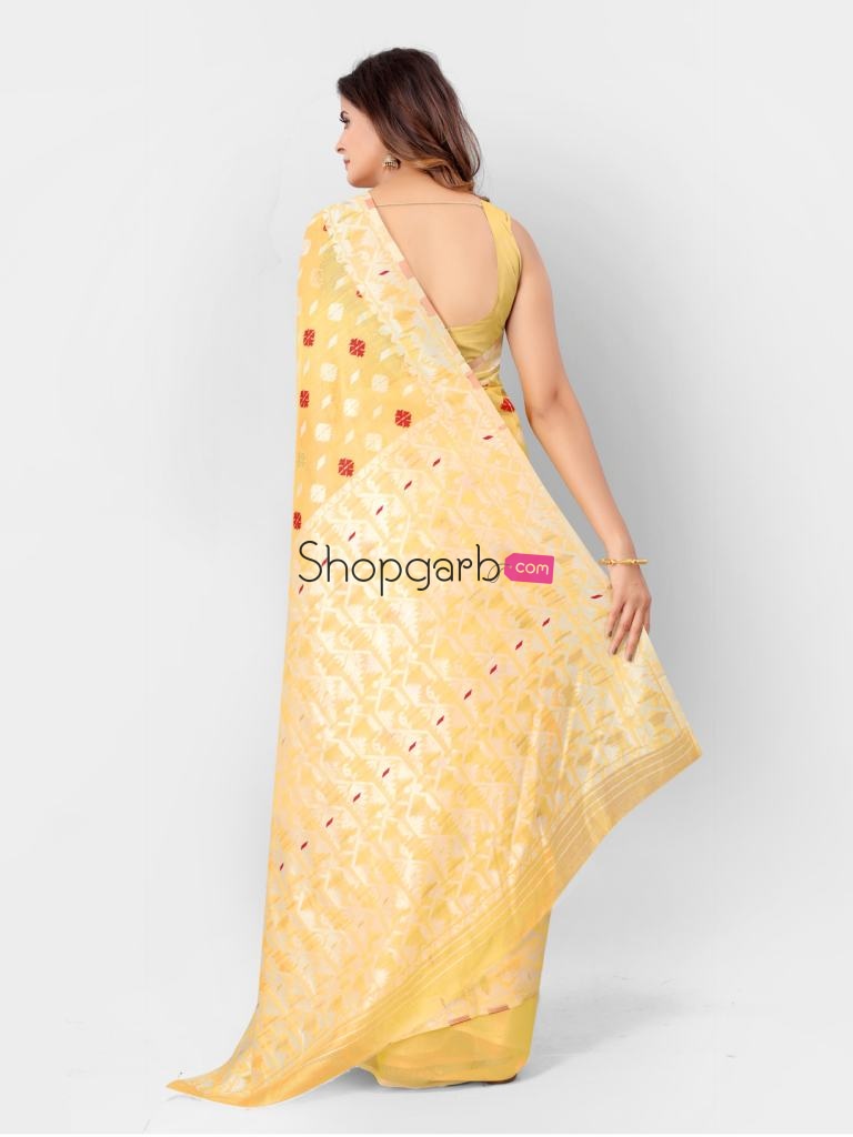 Yellow And Silver Ethnic Motifs Woven Design Jamdani Saree With Beautiful Blouse