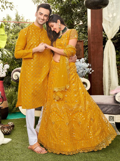 Yellow Colored Soft Net Sequins Embroidered Couple Wear Set