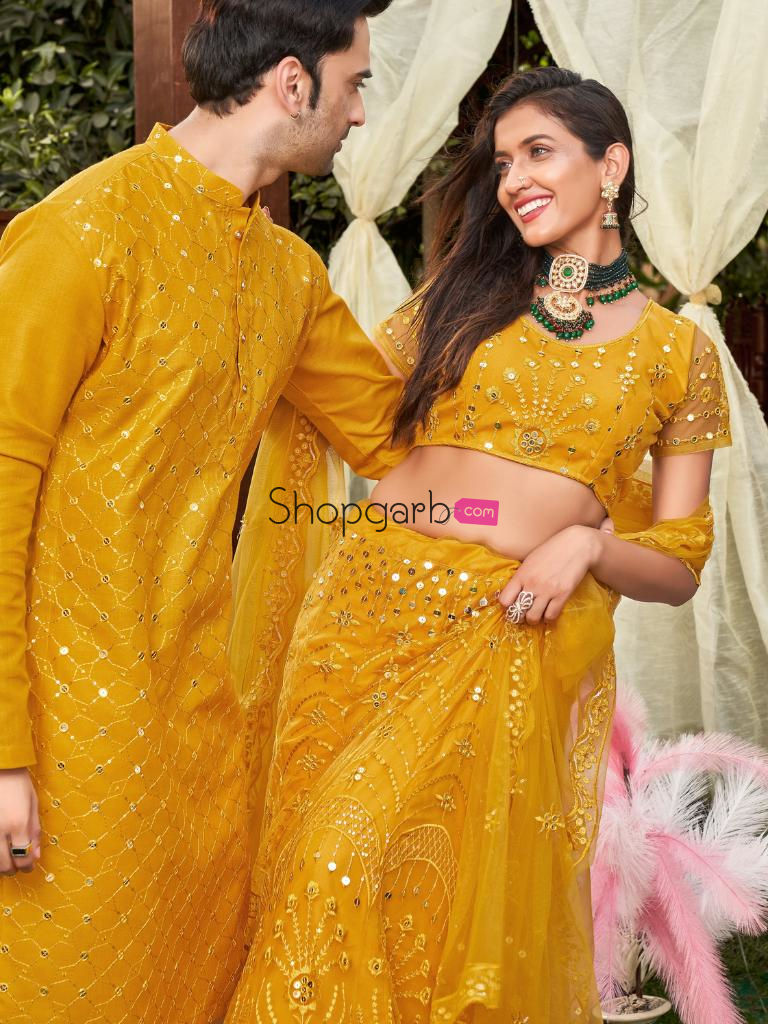 Yellow Colored Soft Net Sequins Embroidered Couple Wear Set