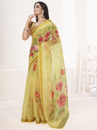 Yellow Floral Digital Printed Cotton Silk Linen Saree