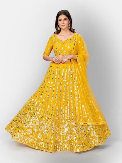 Yellow Foil Print Lehenga Unstitch Blouse & Dupattas