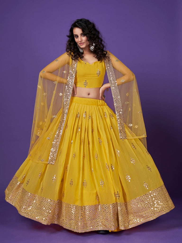 Yellow Sequins Embroidered Georgette Haldi Wear Lehenga Choli Lehenga Choli