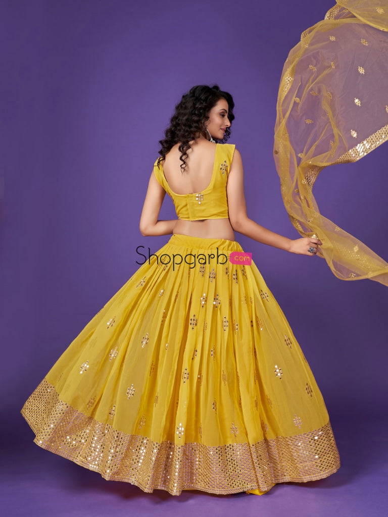 Yellow Sequins Embroidered Georgette Haldi Wear Lehenga Choli Lehenga Choli